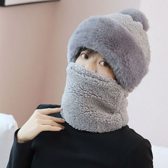 Double Sided Fleece Balaclava Hat with Pompom, 3-in-1 Hood Scarf Mask for Women, Windproof Winter Hat for Skiing Cycling Running and Cold Weather - Grey