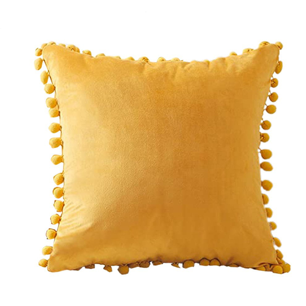 Decorative Velvet Solid Throw Pillow Covers With Pompom NWT 18" Set Of 2 Mustard