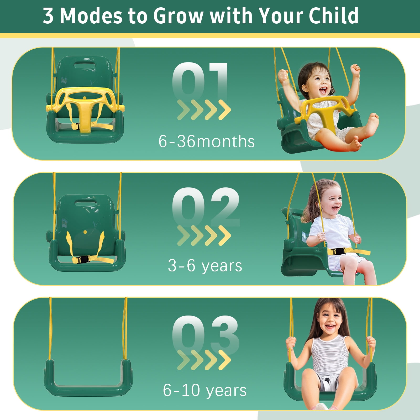 G TALECO GEAR 3-in-1 Toddler Swing Sets for Backyard, Comfy Baby Swing Outdoor Indoor, Kids Swing with Metal Stand, Green