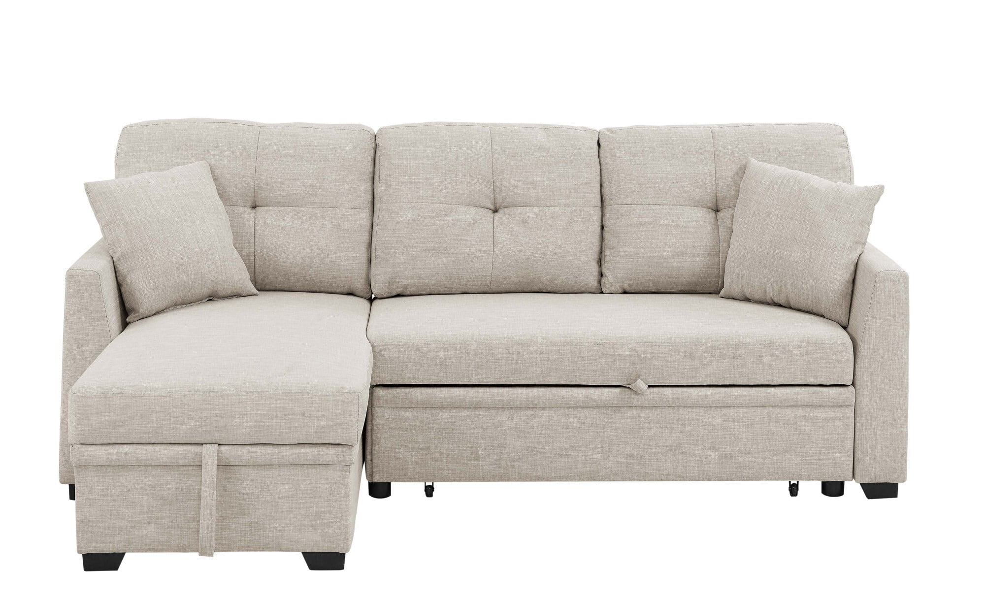 DEALTOPS L-Shaped Sectional Sofa Bed with Reversible Storage Chaise, Pull-Out Sleeper Couch for Living Room, Almond