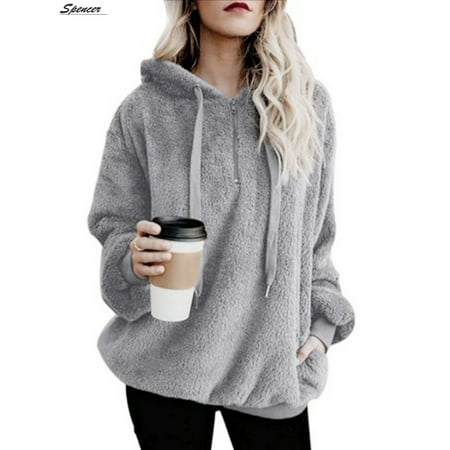 Additional Zippered Pockets - Spencer Women's Warm Fleece Long Sleeve Hoodie Sweater Zipper Pullover Sweatshirt Tops with Pockets (Gray,4XL)