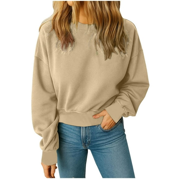 qucoqpe Women's Short Cropped Sweatshirt Soft Fleece Round Neck Long Sleeve Casual Pullover Solid Color Loose Fit Top