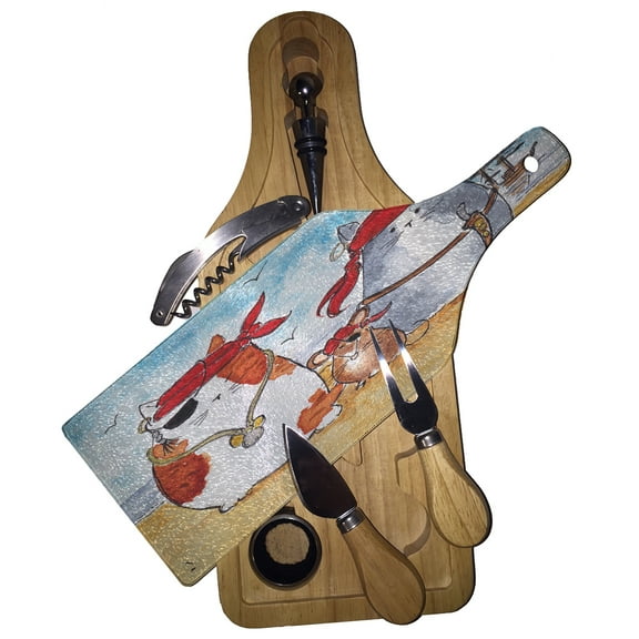 KuzmarK Wine & Cheese Glass Cutting Board Wood Box Gift Set - Pirate Cats and Rat Art by Denise Every