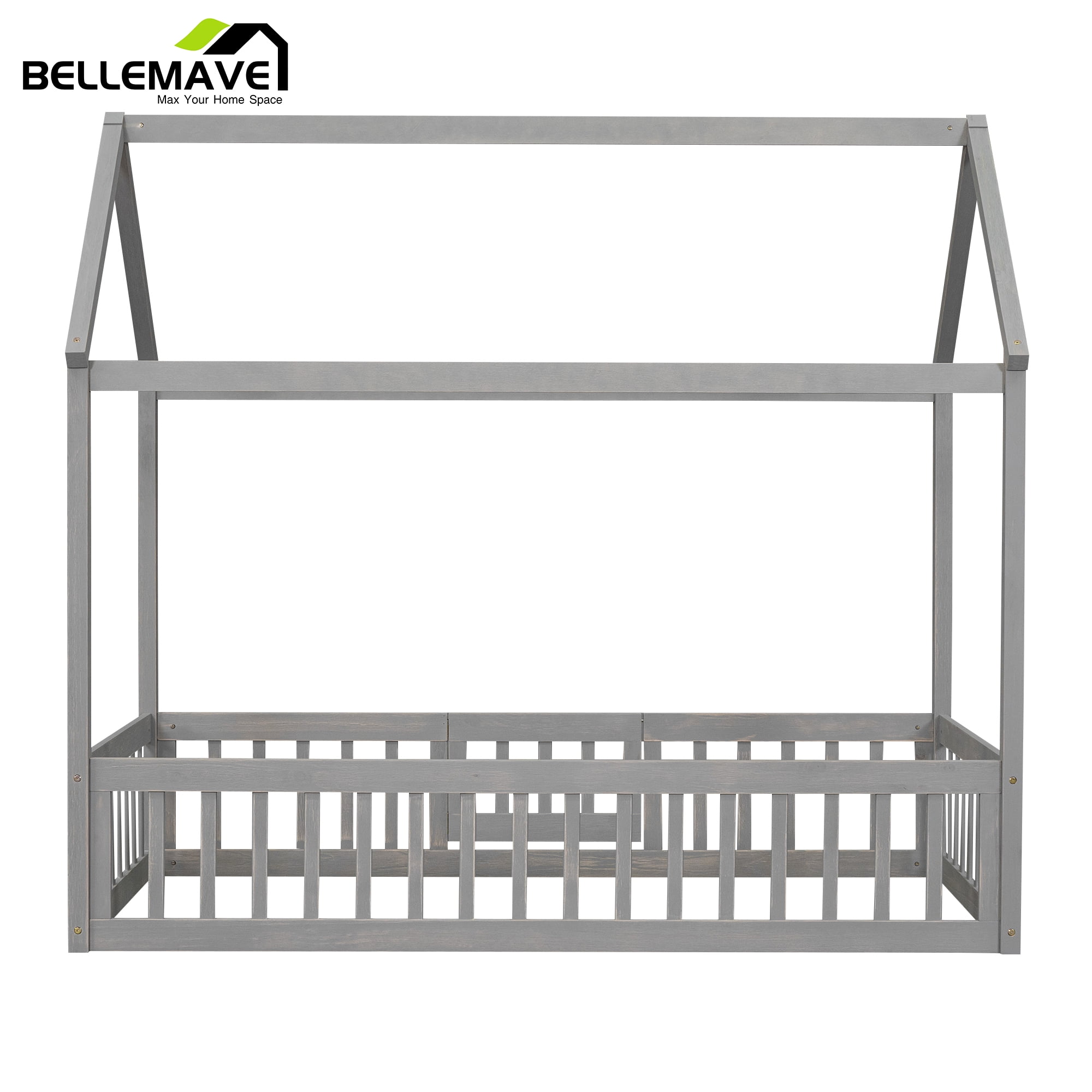 Twin Size Montessori Bed, Twin House Beds with Fence and Door, Floor Bed Twin with Rails (Gray)