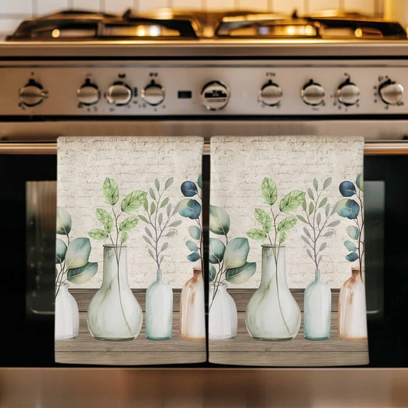 Bottles and Plants Kitchen Towels Set of 2, Farmhouse Country Rustic Brown Wooden Plank Absorbent Dish Towels for Kitchen, Microfiber Hand Towel, Quick Drying Tea Towel Decorative Dishcloths