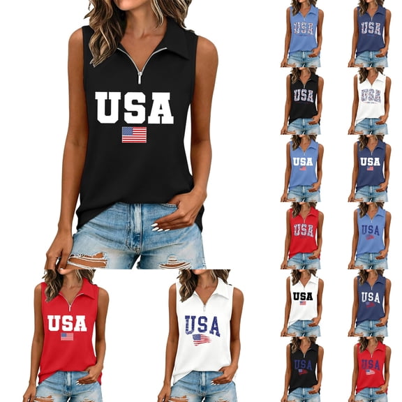 KHONTS Women's Quarter Zip Golf Shirts USA Printed Independence Day Sleeveless T-Shirts Casual Summer Tops 03-White XL