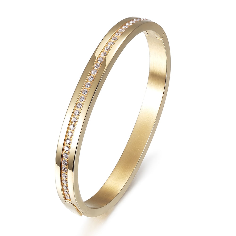 CIUNOFOR Gold Cuff Bangle Bracelet Stainless Steel CZ Hinged Bangle