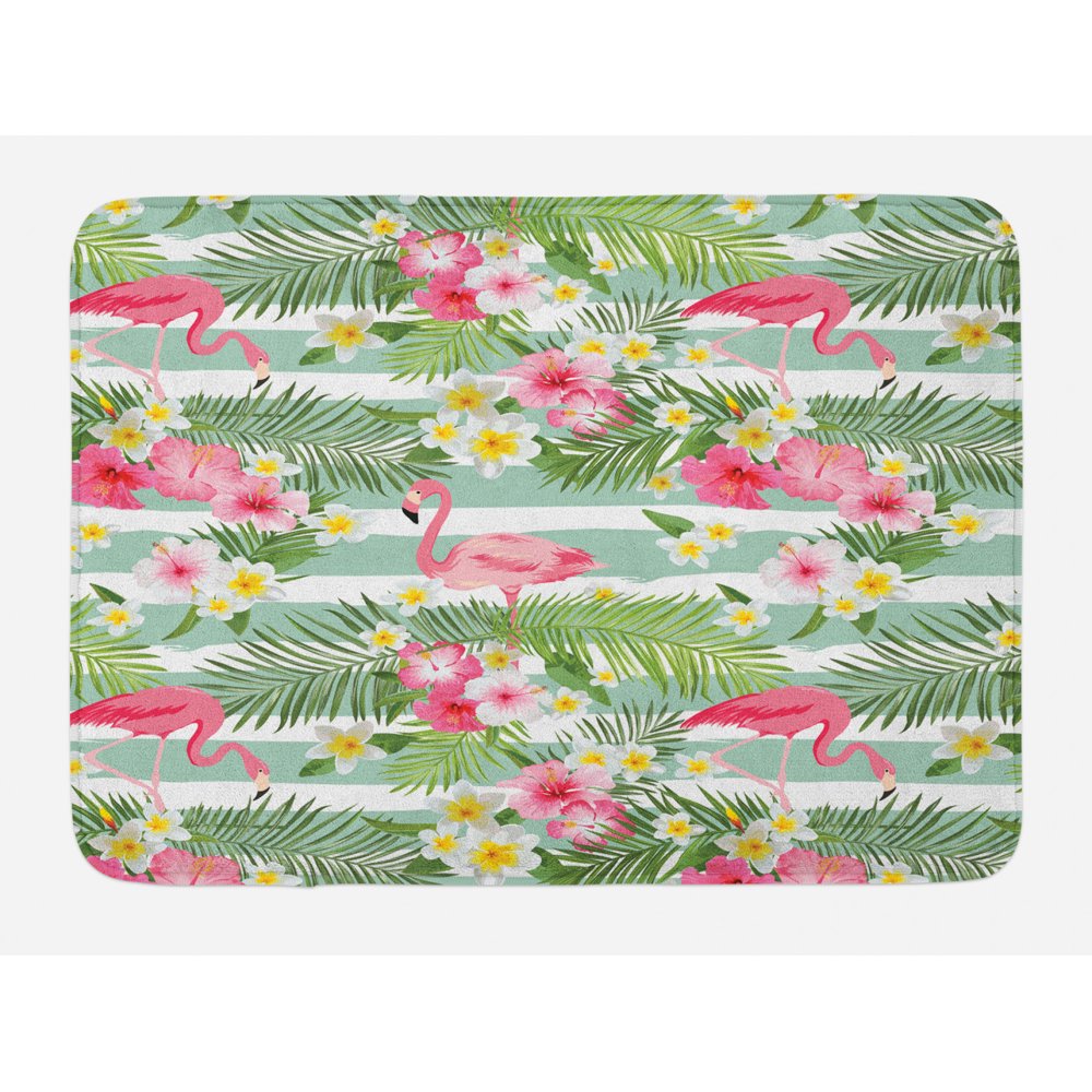 Flamingo Bath Mat, Flamingos with Exotic Hawaiian Leaves Flowers on