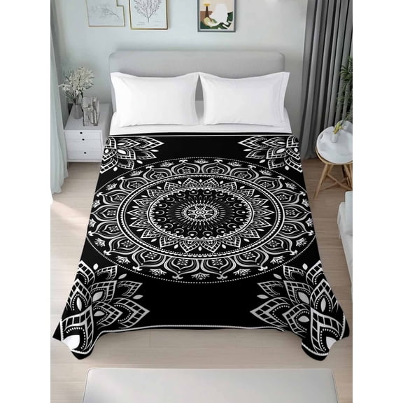 Black Boho Twim Size Flat Sheet, Wrinkleproof & Fadeproof Cooling Flat Bed Sheet Only, Retro Farmhouse Neutral Abstract Geometric Breathable Soft Bedding Top Sheets 66 x 96 Inches