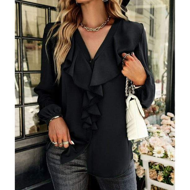 Top Informal Para Mujer, Blusa De Manga Larga Con Puños Elásticos Lavables A Máquina Con Diseño De Empalme De Encaje Con Volantes De Color Puro Para Negocios Para El Día A ANGGREK No