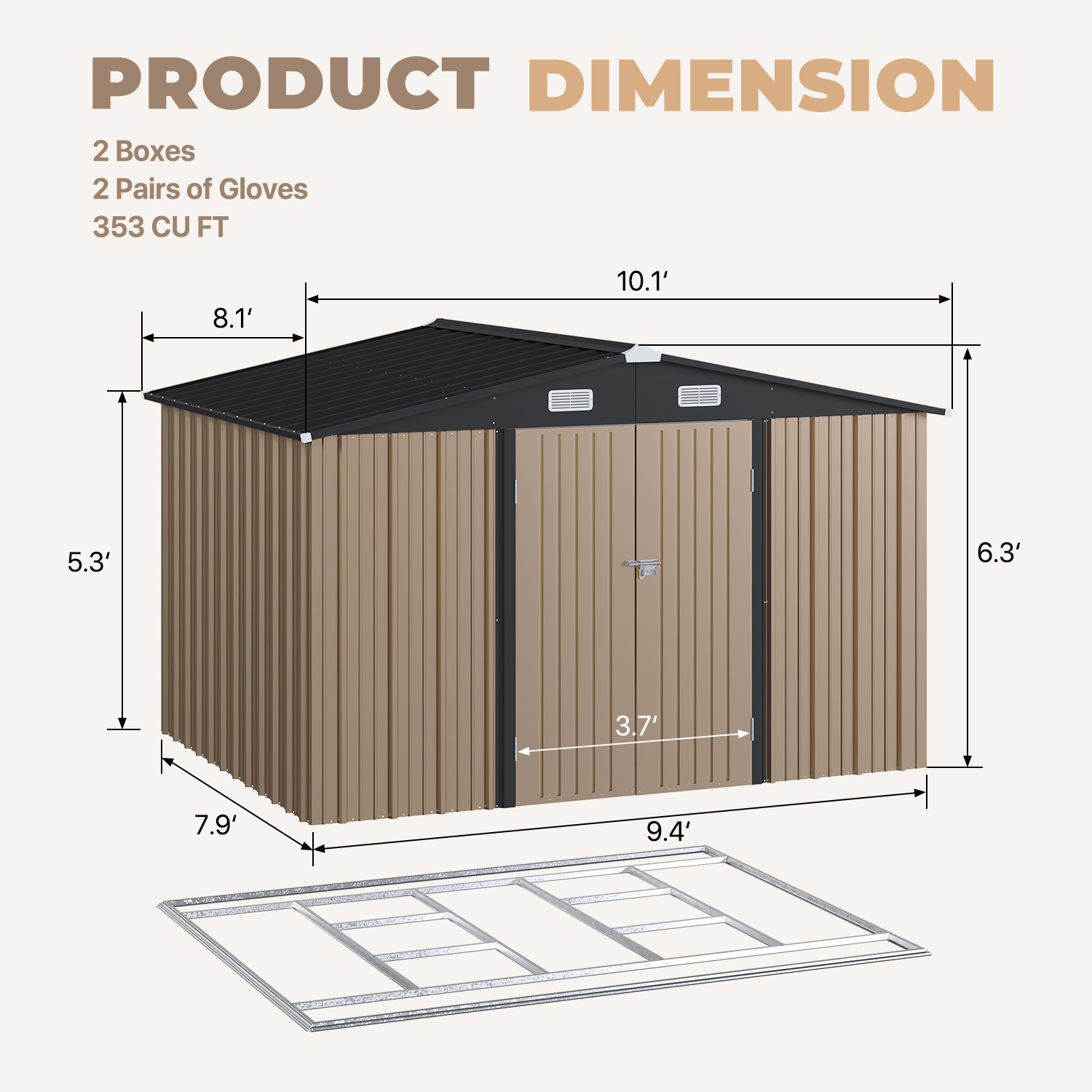 BaPiPro 10x8 ft Outdoor Metal Storage Shed with Base - Lockable Door & Waterproof, for Tools, Garden Equipment/Bikes, Brown