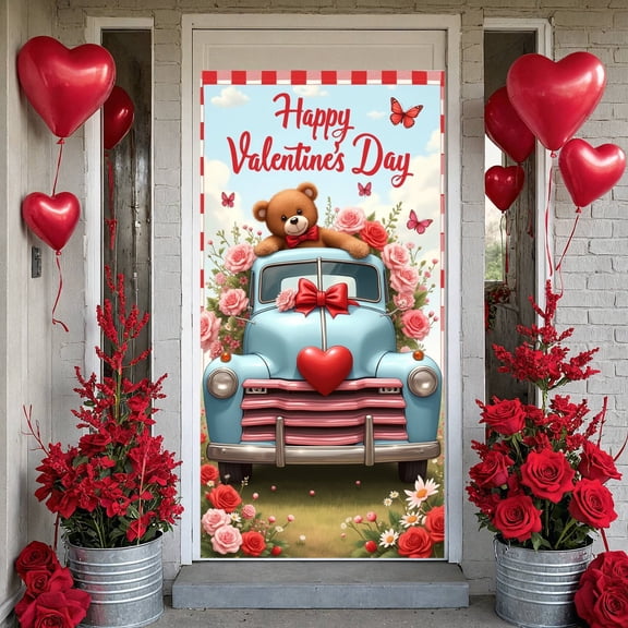 Red Truck Valentine's Day Banner Teddy Bear Love Display Pink Roses Cherry Blossom Romantic Backdrop for Valentine's Day Party Romantic Date Photo Shoot
