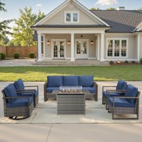 Unnifurnzi 6 Pieces Outdoor Furniture Set with Fire Pit Table-High Back Outdoor Swivel Chairs Set of 2 with Outdoor Sofa Outdoor Furniture for Garden Backyard Balcony Poolside-Gray/Blue