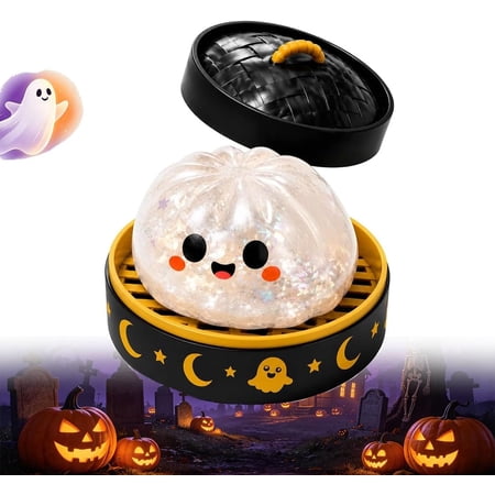 Halloween Spooky Ghost Dumpling Squishy,Stretchy Stress Ball with Steamer | Soft ghost dumpling squishy with steamer container, stretchy and squeezable for stress relief, Halloween gifting.