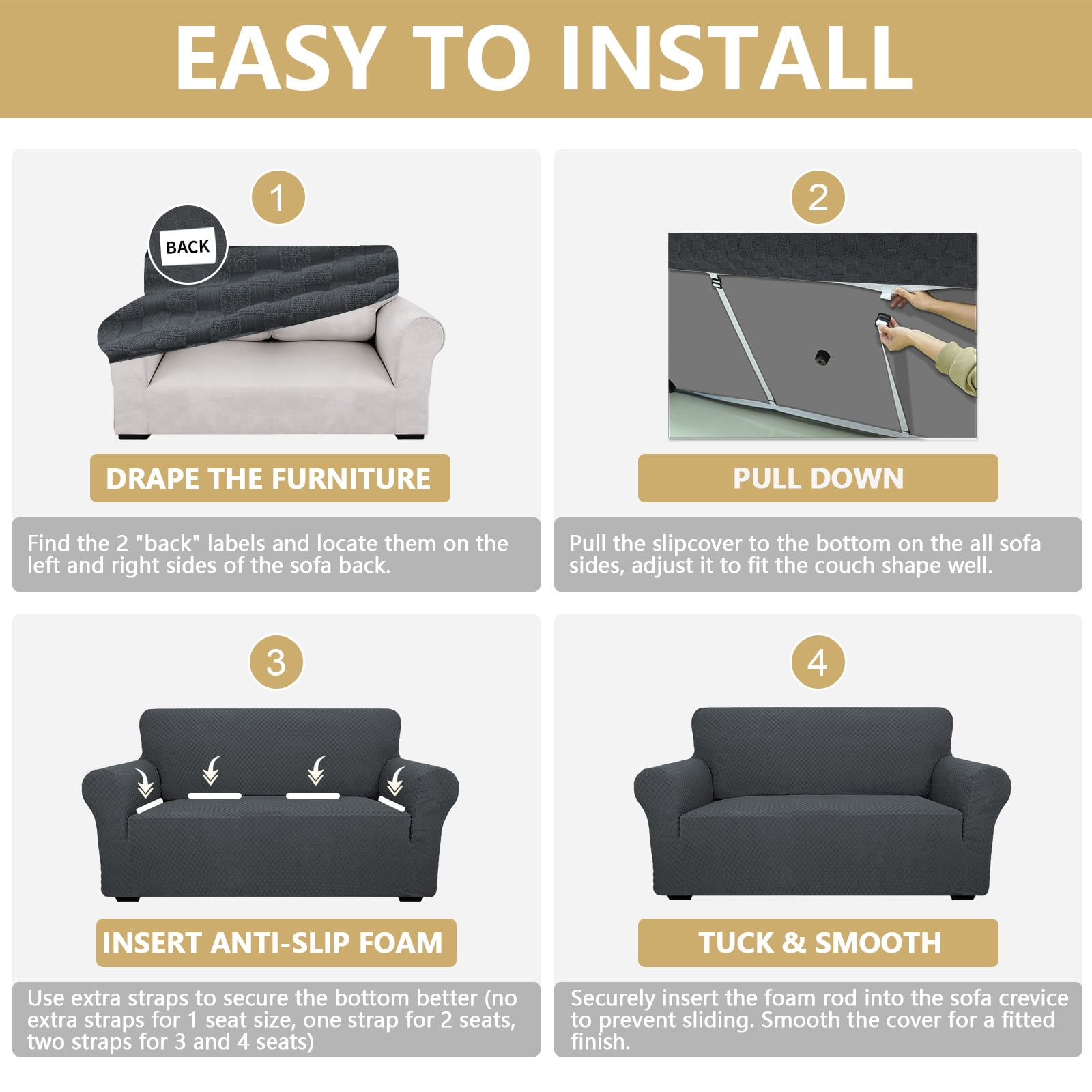 JIATER 1-Piece Sofa Cover Stretch Couch Cover Washable Sofa Slipcover Furniture Protector for Loveseat Sofa,Dark Gray