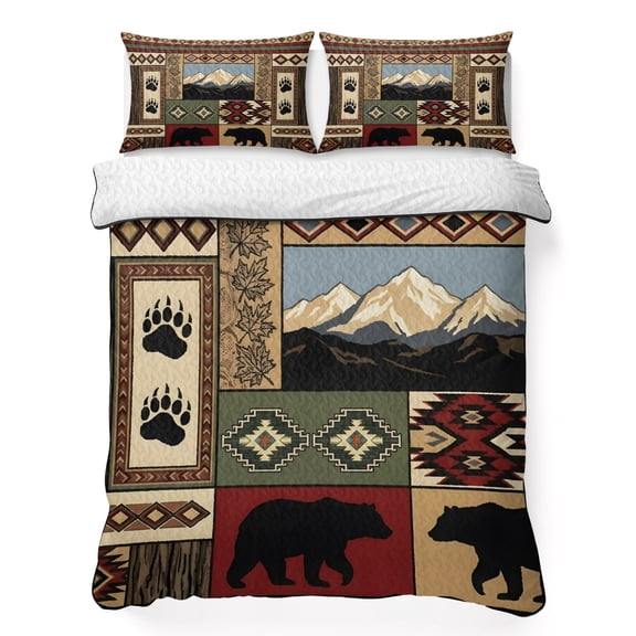 Quilts Twin Size Bedding Set, Lodge Bear Cabin Lightweight Quilted Comforter, Vintage Brown Buffalo Plaid Boho Soft Reversible Bedspread Coverlet with Pillow Covers for All Season, 68" x 86"