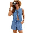 thumbnail image 3 of Women Tie Front Top 2 Piece Outfit Denim Set Sleeveless Deep V Neck Vest Jean Elastic Waist Shorts Sets Light Blue XL, 3 of 9