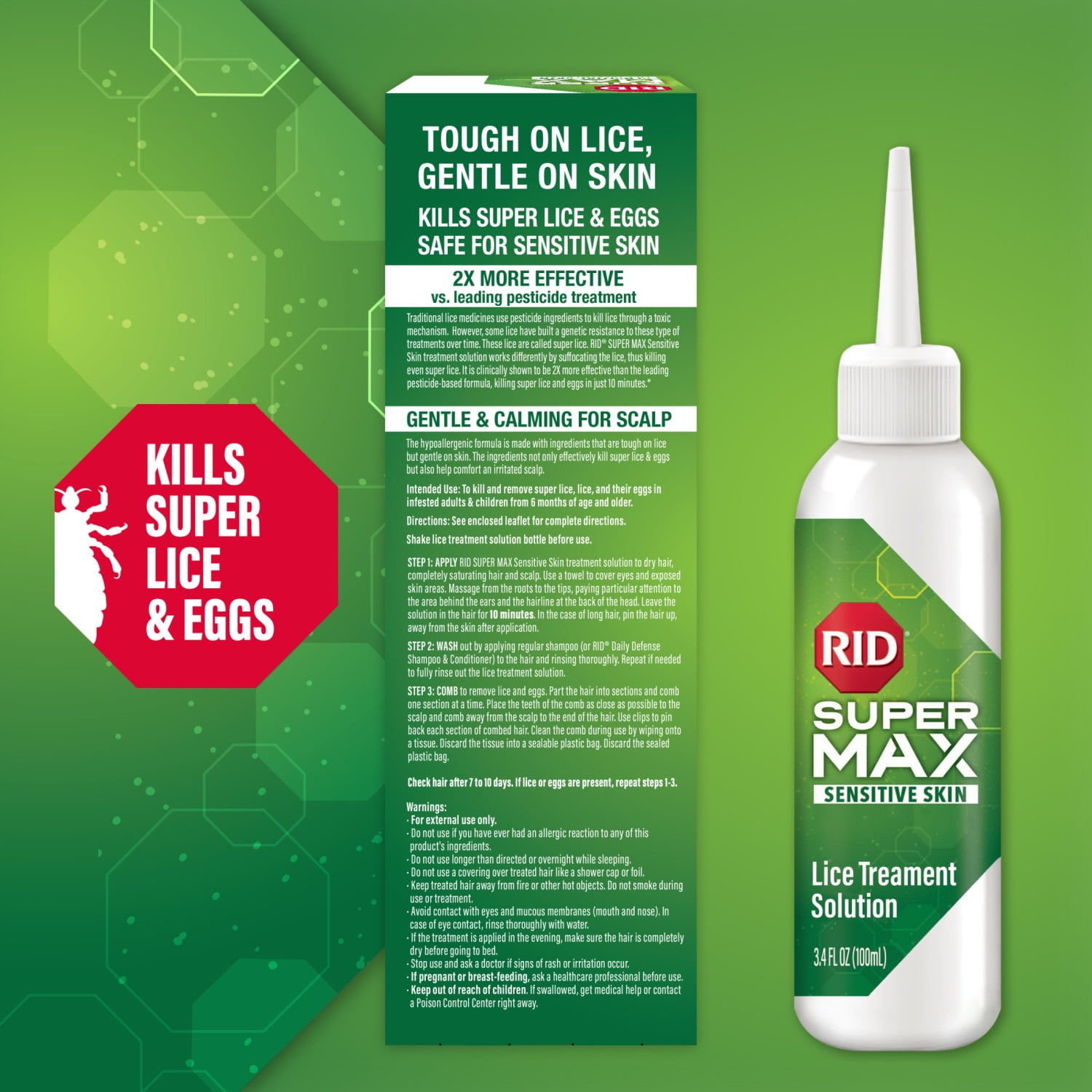 RID Super Max Sensitive Skin Lice Elimination Treatment Kit, Includes Nit Comb & Instructions, 3.4 fl oz