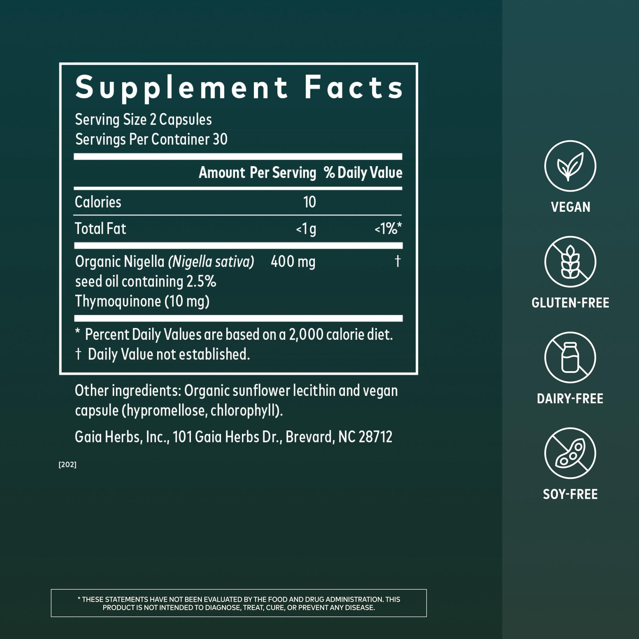 Gaia Herbs Black Seed Oil - Cold-Pressed Capsules with Nigella Seed Traditionally Used for Lung, Respiratory & Antioxidant Support* - Herbal Supplement - 60 Vegan Liquid Phyto-Caps (30 Servings)