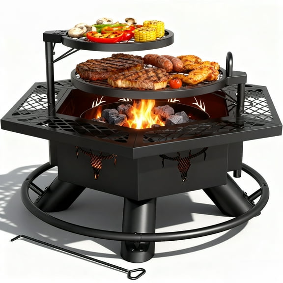 BALI OUTDOORS Fire Pit with grill, Outdoor Wood Burning BBQ Firepits for Patio, Courtyard 37.5 Inch