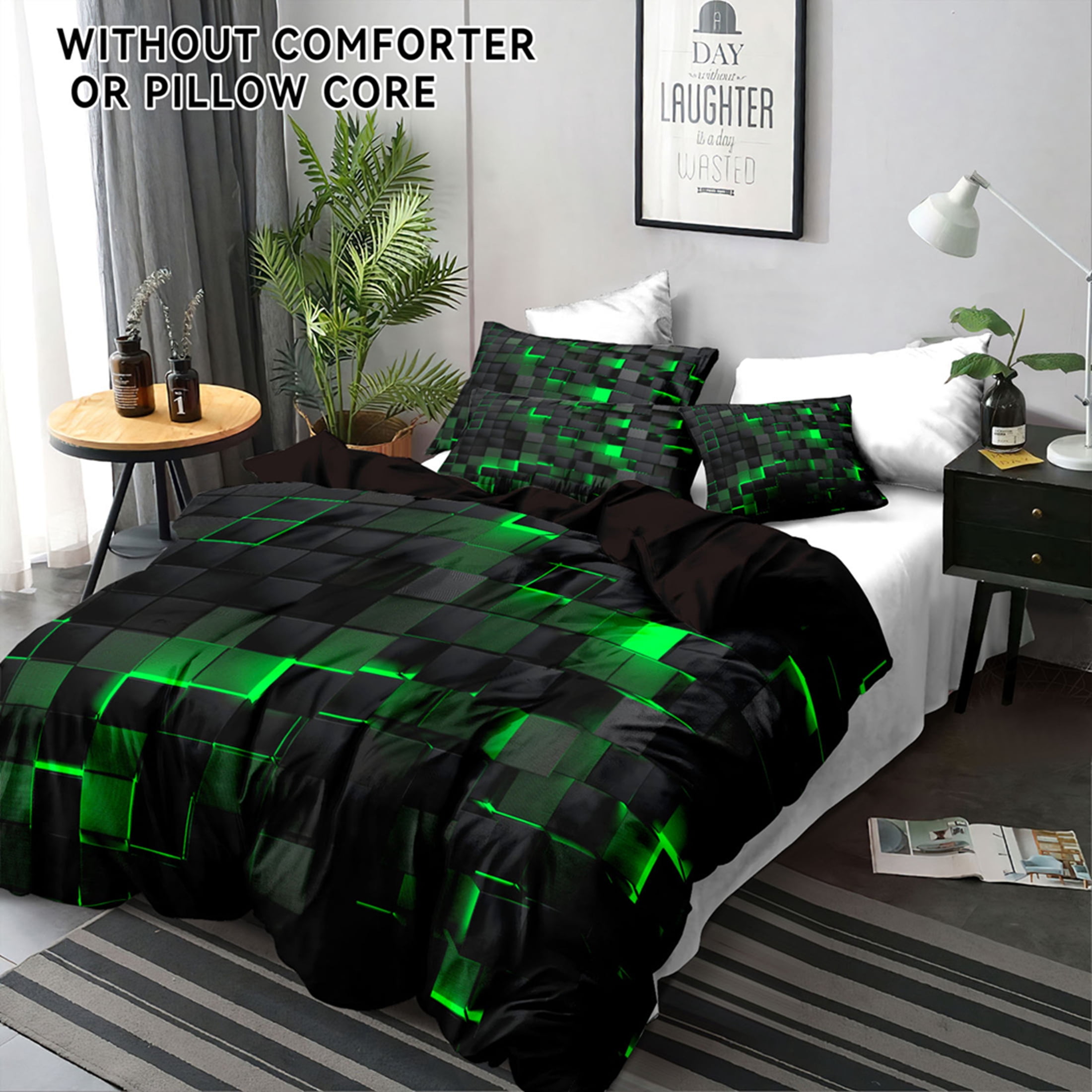 Orylavena Green Black 3D Block Microfiber Duvet Cover Set, Black Back, Twin/Full/Queen/King