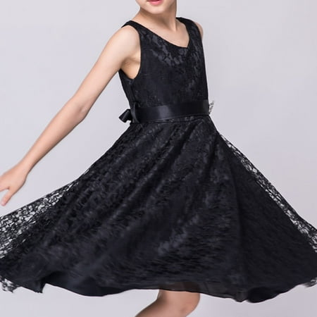 

PEASKJP Prom Dresses Chidlern Girls Short Sleeve Floral Printed Tulle Flowy Round Sleeve Sundress Black 11-12 Years