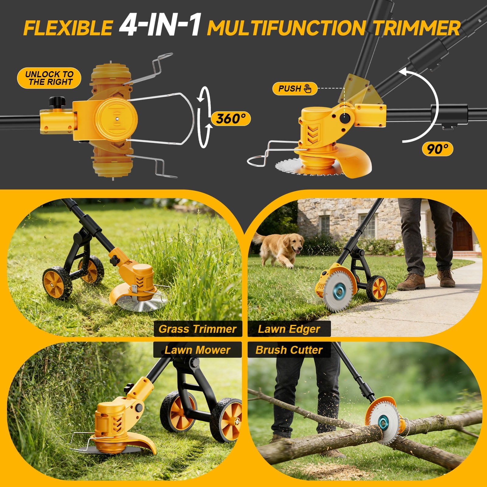Lemolifys Electric Weed Wacker, 3-in-1 Cordless String Trimmer with 4000mAh Battery, 3 x 6″ Blades, Wheels & Adjustable Length for Lawn Yard Garden