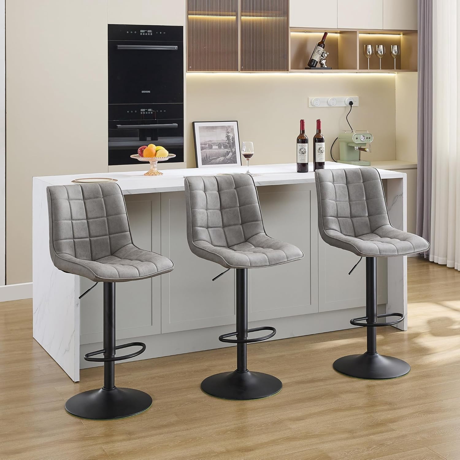 FIRAVOE Bar Stools with Back Set of 3, Adjustable Counter Height Bar Stools, Swivel Barstools Faux Leather Bar Chairs for Kitchen Island, Gray