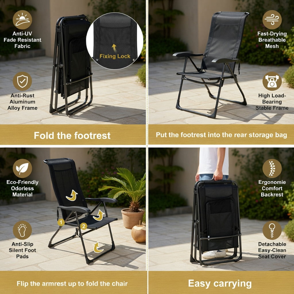 Hommoo 4-Piece Adjustable Reclining Patio Chair & Ottoman Set, Folding Outdoor Dining Chairs with 7-Position Backrest, Steel Frame, Breathable Mesh, for Backyard, Garden, Poolside, Black