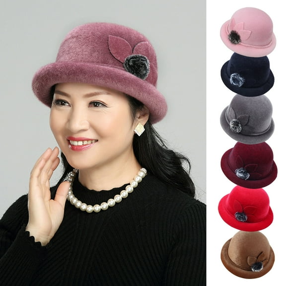 Eoperou Women Winter Hat Elegant Solid Color Windproof Flower Embellished Ultra-Thick Keep Warm Comfortable Autumn Winter Imitation Fur Hat Basin Caps for Lady