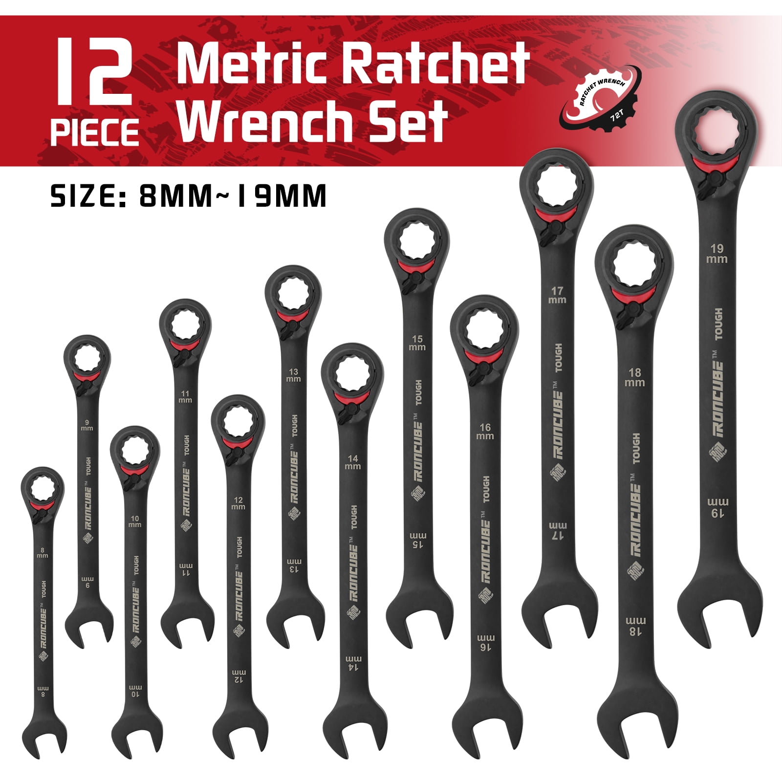 IRONCUBE Reversible ratcheting Wrench Set, 12-Piece, Tough Black,  Metric 8-19mm, With Wax Canvas Storage Bag for Racing Motorcycle Backup Team's Maintenance Tools