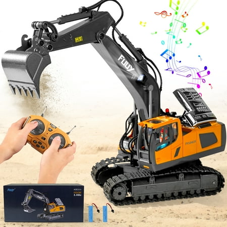 FUUY RC Excavator Toys for Boys 11-Channel Remote Control Excavator RC Construction Vehicles Toys for Adults & Kids Boy Outdoor Birthday Gifts 680°Rotating Building RC Loader