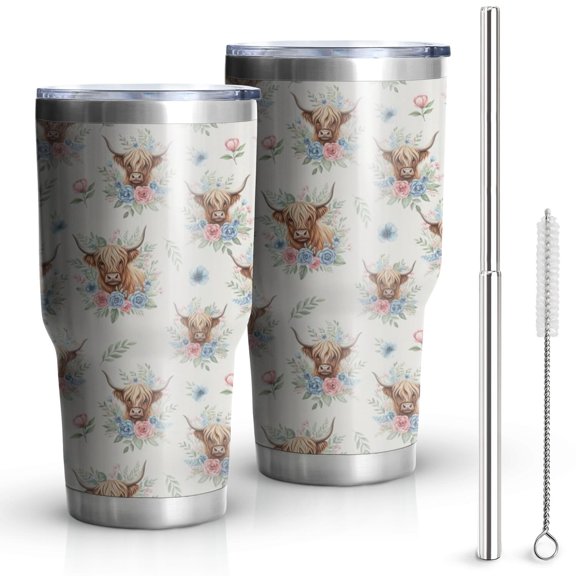 30oz Highland Cow Flower Wreath Pattern Tumblers Stainless Steel Tumbler with Lid and Straw,Vacuum Insulated Double Wall Travel Tumbler Cups Mug with Cleaning Brush for Coffee,Tea