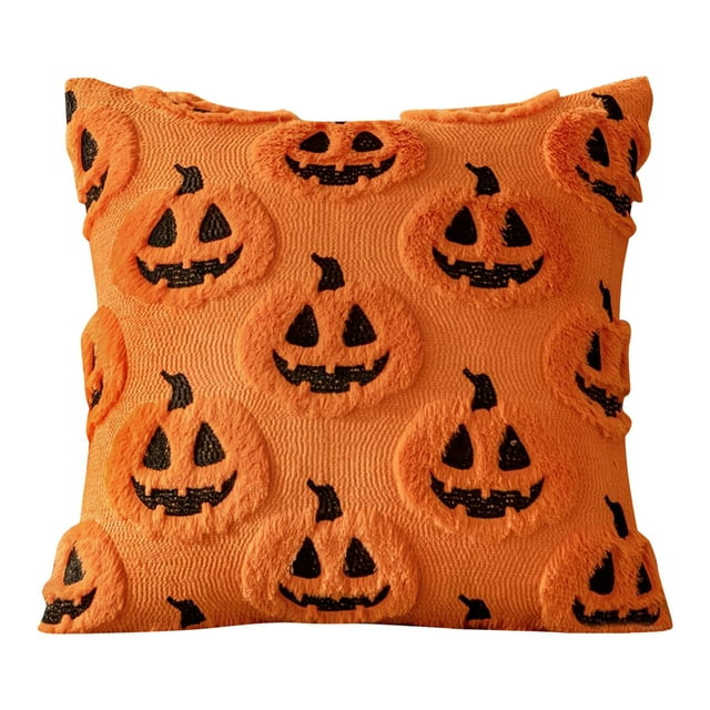 Fall Halloween Pillow Covers 18x18 Inch, Pumpkin Ghost Embroidery Decorative Throw Pillow Cases, Soft Faux Wool Couch Cushion Covers for Indoor Outdoor Sofa Bed Living Room Farmhouse Decor