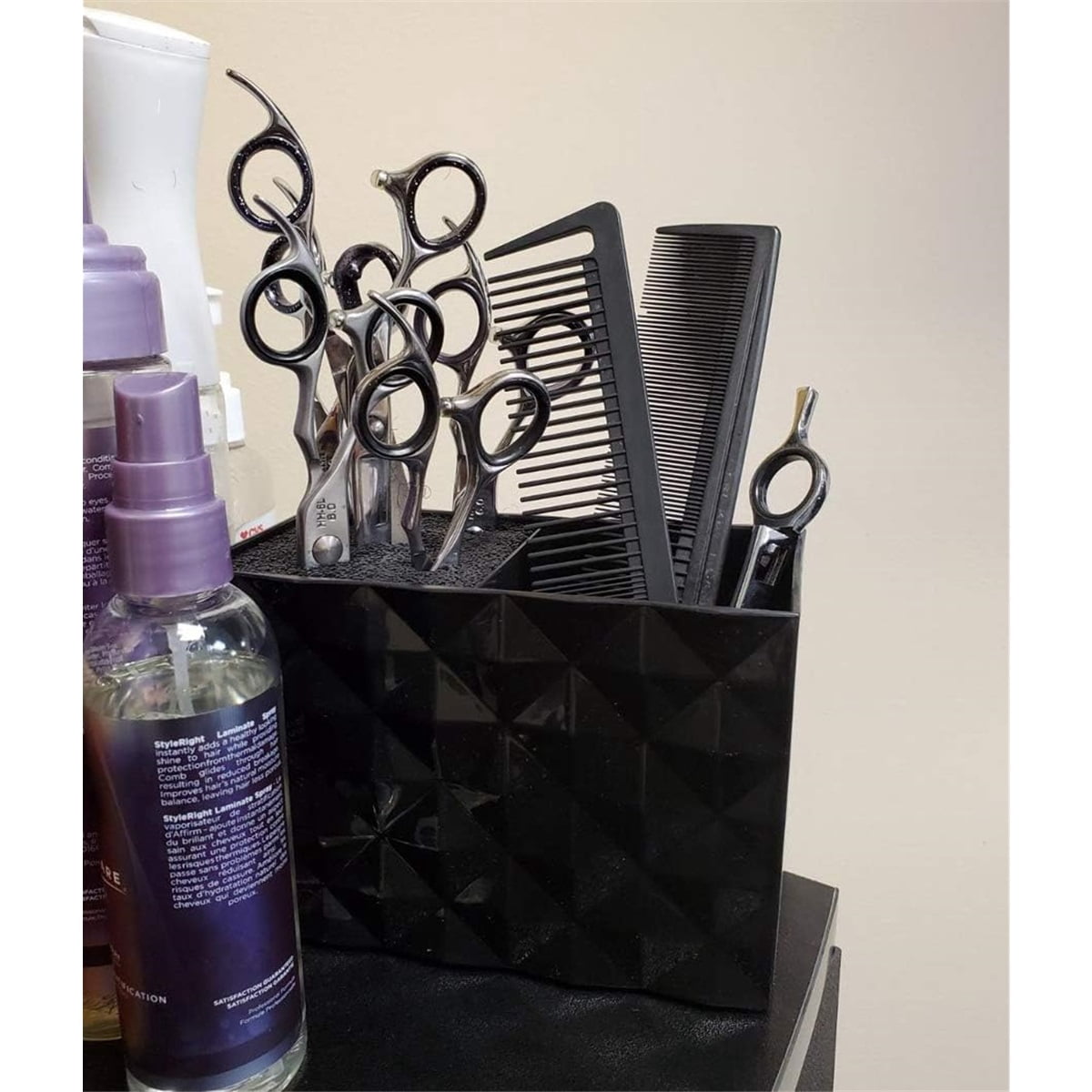 Salon Barber Scissors Shear Holder Rack for Hairdressers, Scissor Storage Case Keeper Modern Hairdressing Combs Clips Desktop Desk Organizer Accessories for Babers Station Office Home - Black