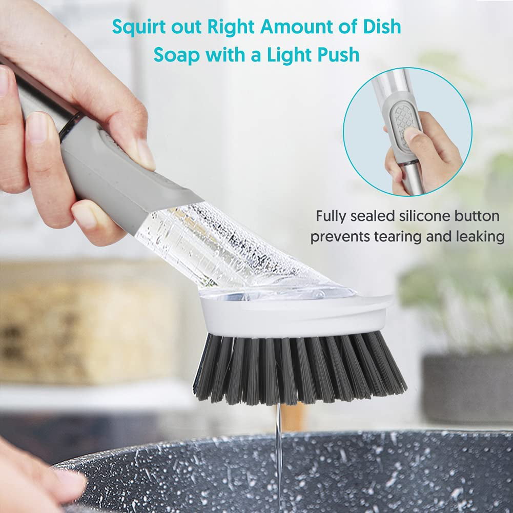 Dish Brush with Soap Dispenser 3 Brush Replacement Heads Set Dish Scrubber  with Silicone Handle Kitchen Dish Scrub Brush for Cleaning Dishes…