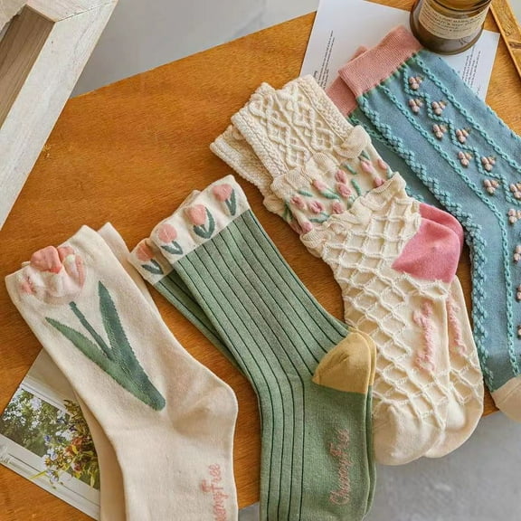 4 Pairs tulip Cute Socks, Women's Lace Ruffles Ankle Casual Sock, Breathable Mid Tube Socks, Floral Crew Socks