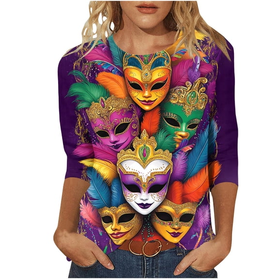 CYiJun Mardi Gras Clothing,Parade Ready 3/4 Sleeve Top,Lightweight Crewneck Shirt for Mardi Gras Street Celebration