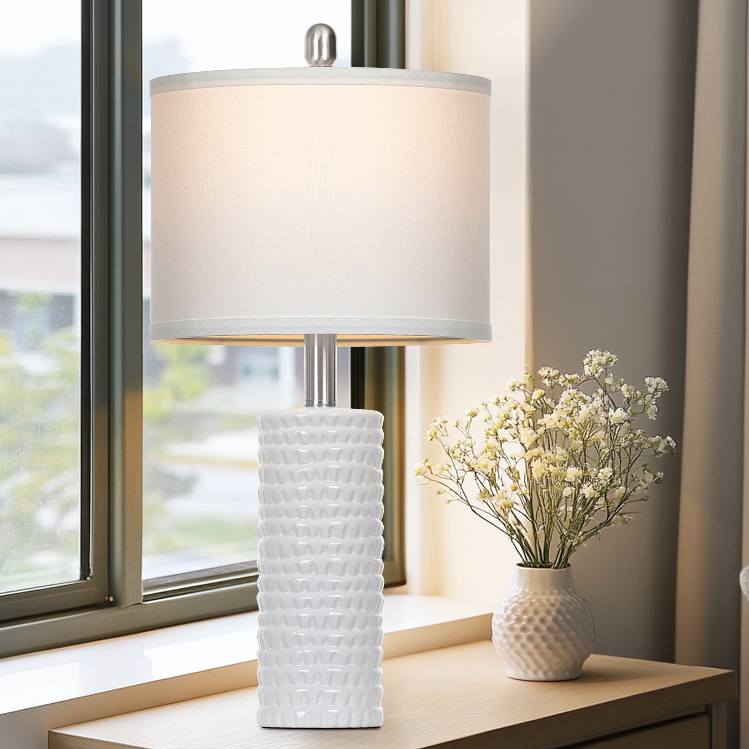 Cinkeda Ceramic Table Lamps Set of 2 for Living Room Bedroom 24" Modern Farmhouse Bedside Nightstand Lamp with White Shade