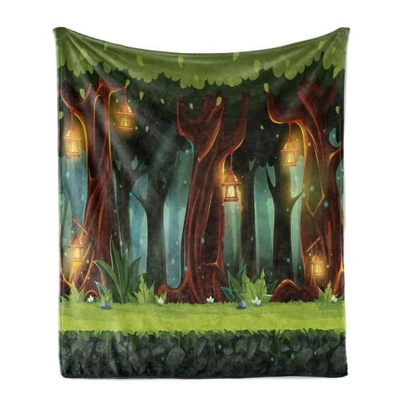 Fairy Tale Soft Flannel Fleece Throw Blanket, Enchanted Forest with Blossoming Trees Background Cartoon Landscape, Cozy Plush for Indoor and Outdoor Use, 50" x 70", Multicolor, by Ambesonne