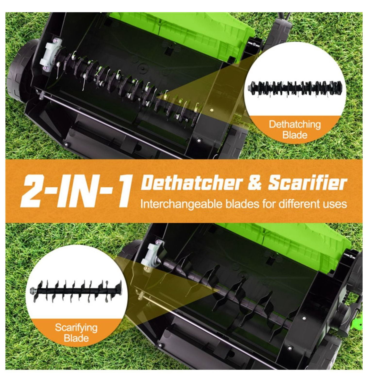 Electric Lawn Dethatcher, 16-Inch Corded Scarifier, 2-in-1 Adjustable Dethatcher with Grass Bag for Lawn Care - Green