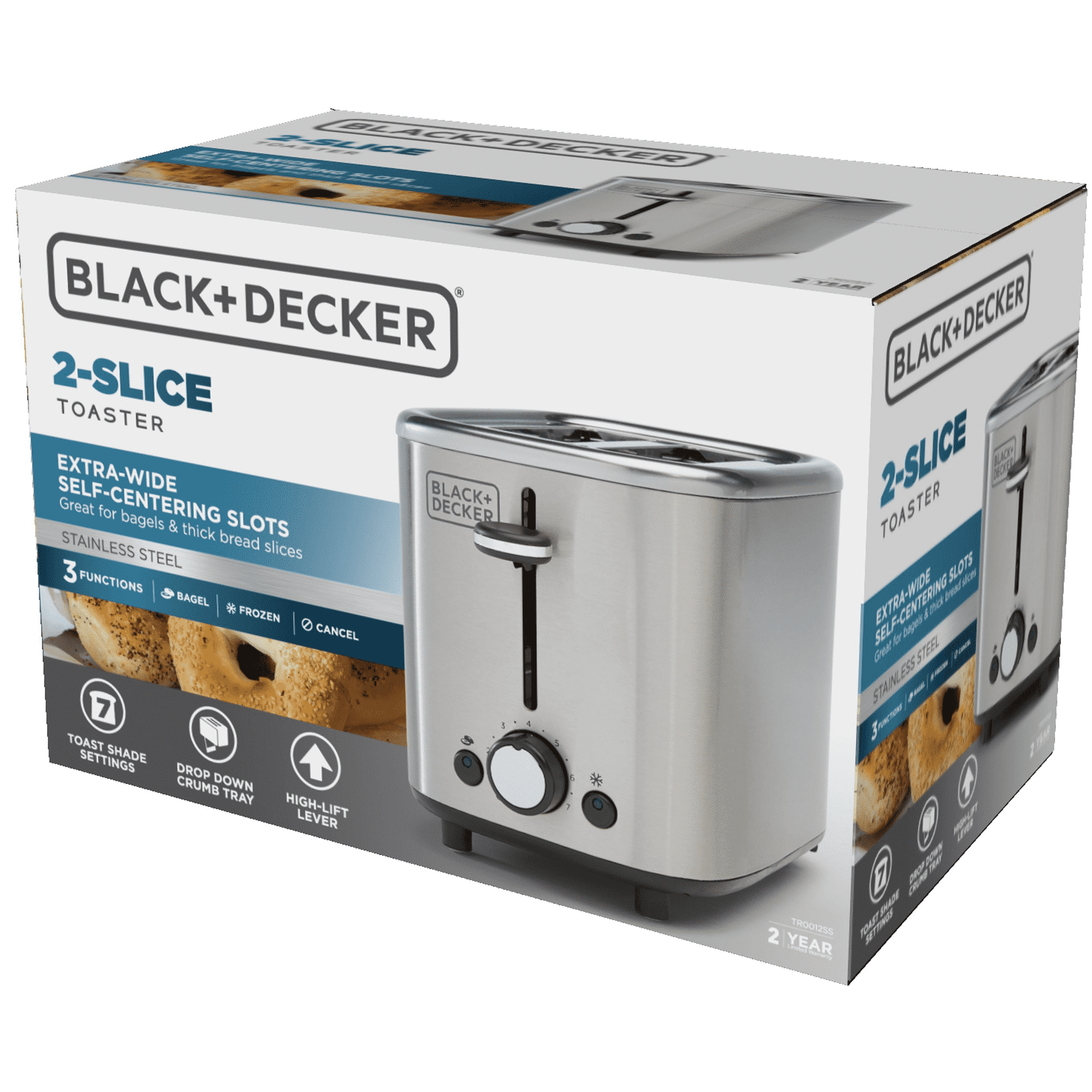  Black & Decker 2-Slice Toaster with Extra Wide Slot Push-Button  Functions, Shade Selector and Swing-Down Crumb Tray, Black/Stainless Steel:  Home & Kitchen
