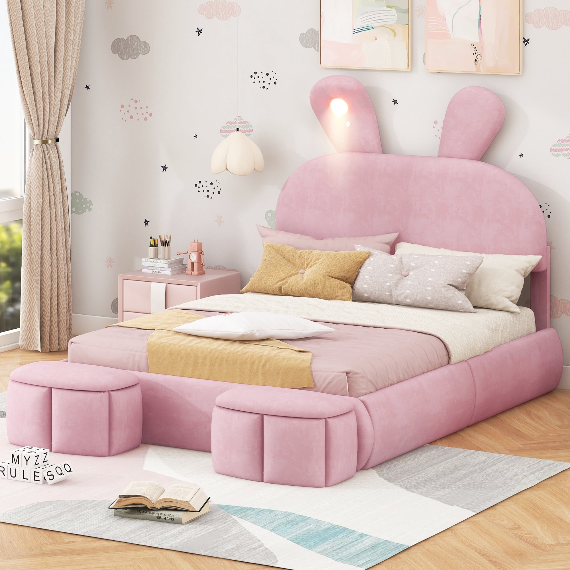 Euroco Upholstered Full Size Platfrom Bed, Bunny Shaped Bed with LED Light and Storage Cabinets