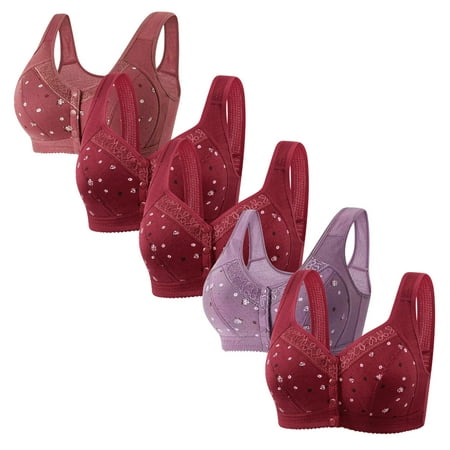 WIZUTIZ Front Closure Bras for Women Womens Bras for Older Women 5PCS Supportive Bras Wireless Posture Correcting Stylish Full Coverage Bralettes Solid Embroidered Underwear for Ladies Dance L Red