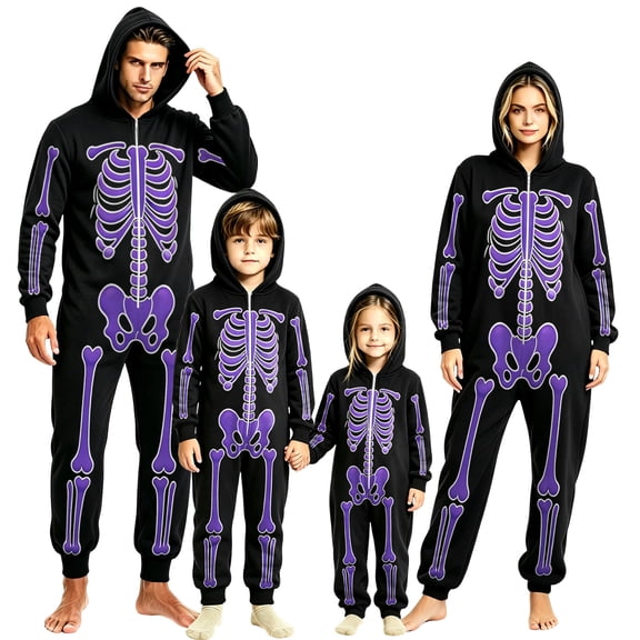 TBKOMH Halloween Costume Skeleton Onesie Family Matching Zip Up Hooded Jumpsuit Long Sleeve One Piece Loungewear for Couples Adults Outfit Trick or Treat
