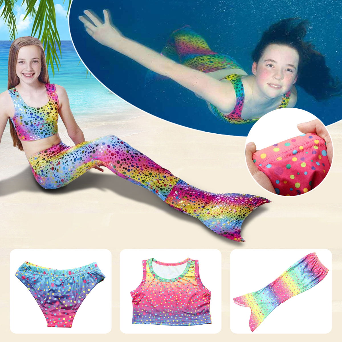 3Pcs Swimming Swimmable Mermaid Tail Bikini Set Bathing Suit 1x Tops ...