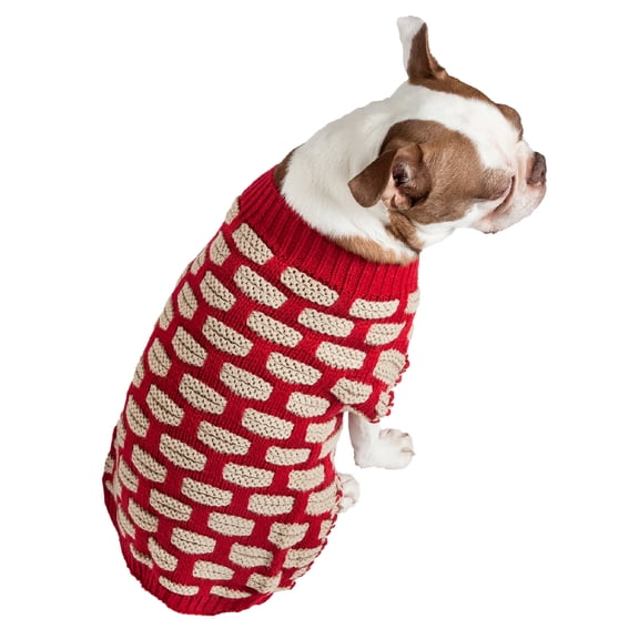 Pet Life Fashion Weaved Heavy Knit Designer Ribbed Turtle Neck Dog Sweater, Red and Beige, Small
