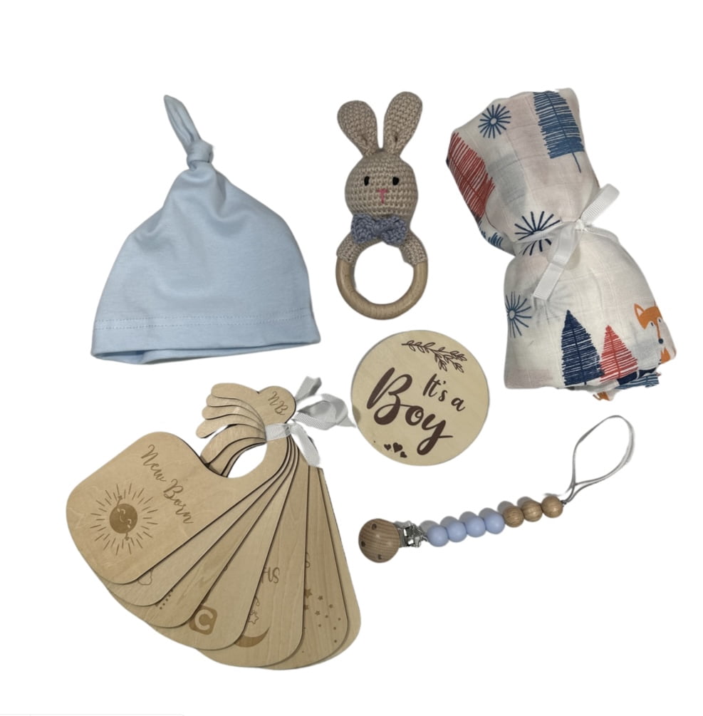 Newborn Baby Gift Set Basket for Baby Boy.  12 Premium Handcrafted Organic Keepsakes