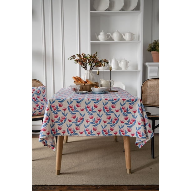 Xiao Hua mantel de algodón y lino estampado retro azul para restaurante, mesa de comedor, decoración de escritorio, 200 x 140 cm