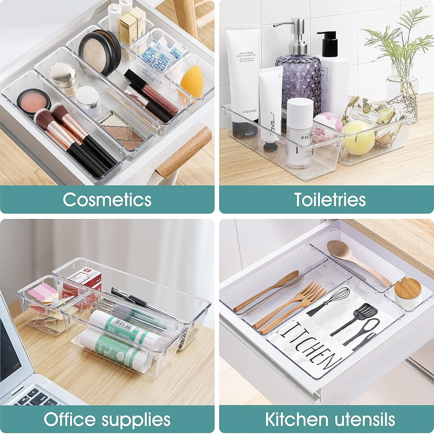 GoXteam Drawer Organizer, 8 Pack Large Clear Plastic Kitchen Drawer Organizers Set, 1 Size Versatile Bathroom and Vanity Drawer Organizer Trays, Storage Bins for Makeup, Bedroom, Kitchen Utensils